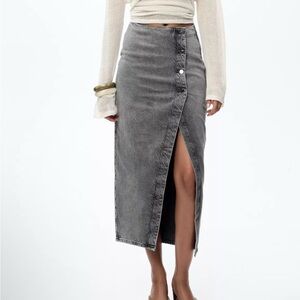Zara Z1975 Denim Crossover Gray Pencil Midi Skirt